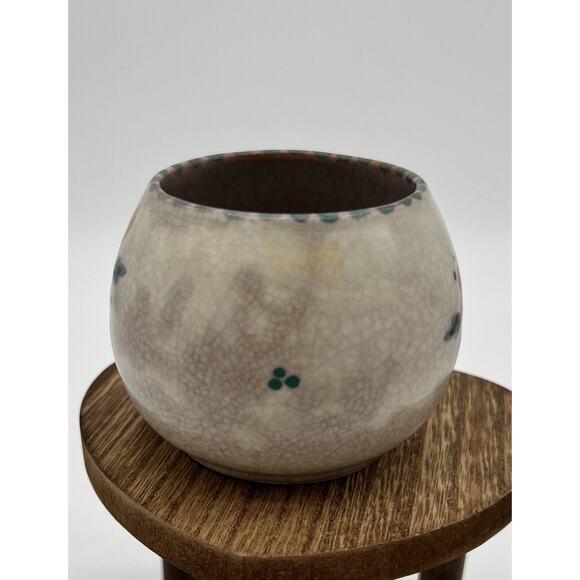 Vintage Hand Painted Pottery Bowl Floral Checkered Top - Picture 2 of 5